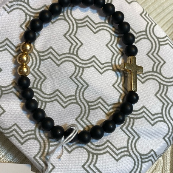 NWT JONAH GENIUN AGATE BLACK BEADS UNISEX BRACELET BRUSHED GOLD METAL CROSS - Picture 9 of 14